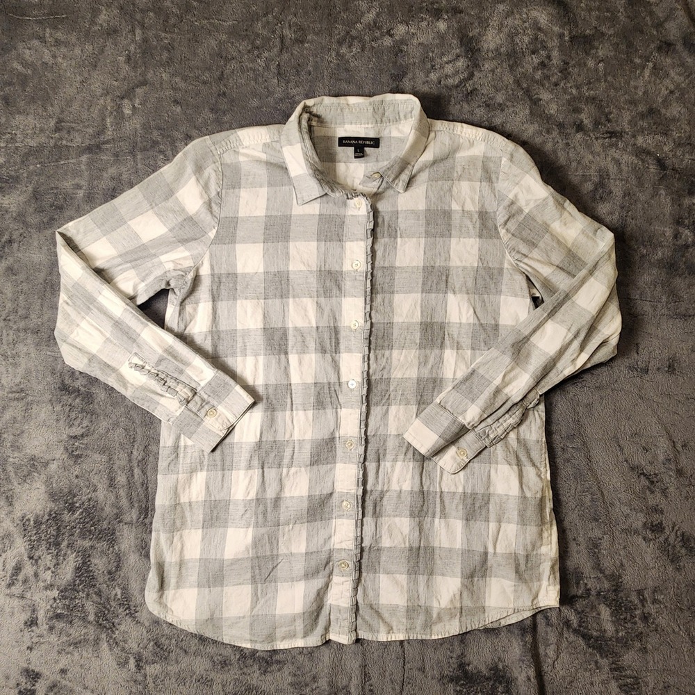 Banana Republic Grey White Buffalo Plaid Ruffle Trim Cotton Button Down Shirt L